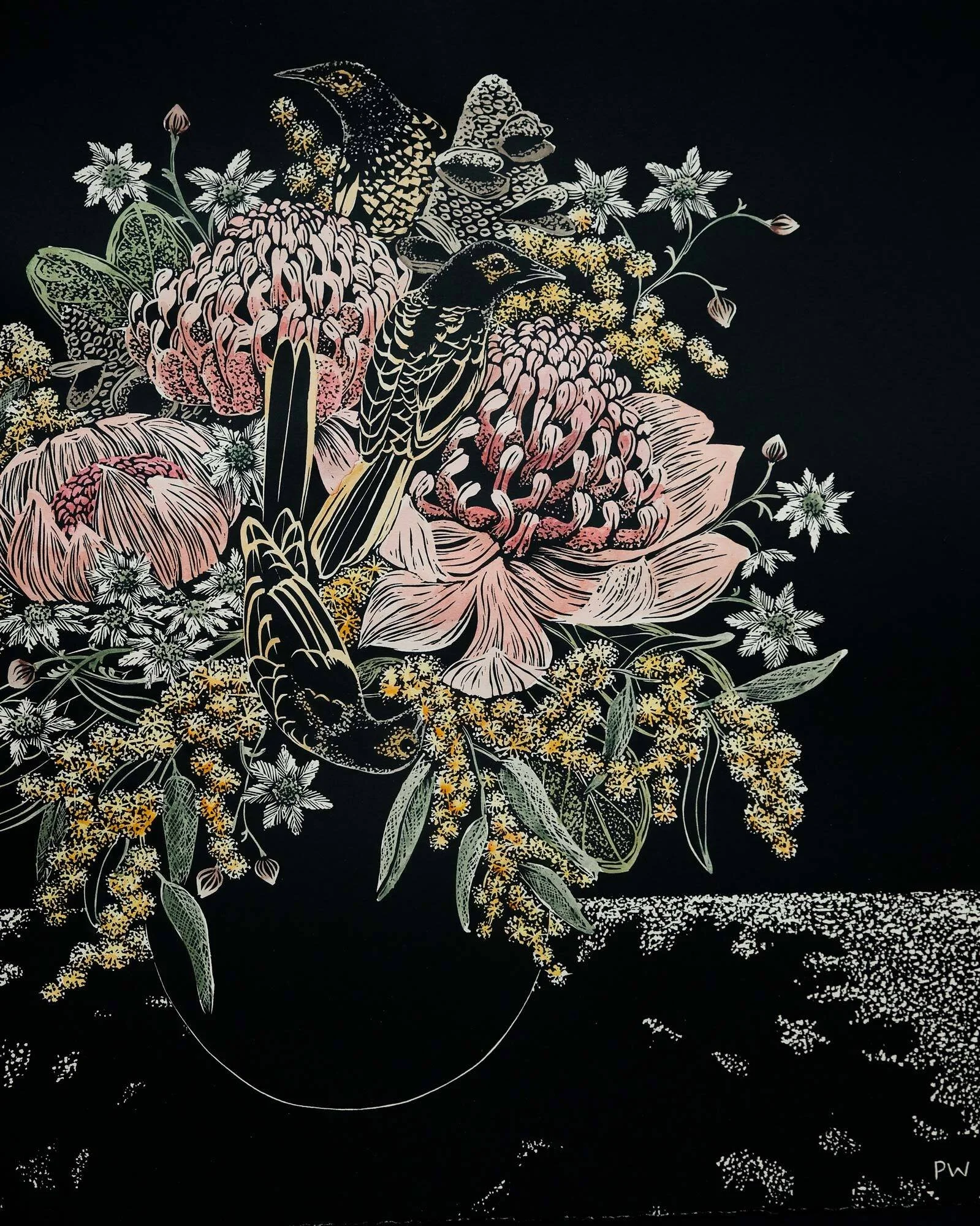 Ode to Preston - Waratahs etc
handpainted relief linocut
Ed. 1/10
47 x 38 cm / framed 64 x 53 cm
$2,200 (framed)