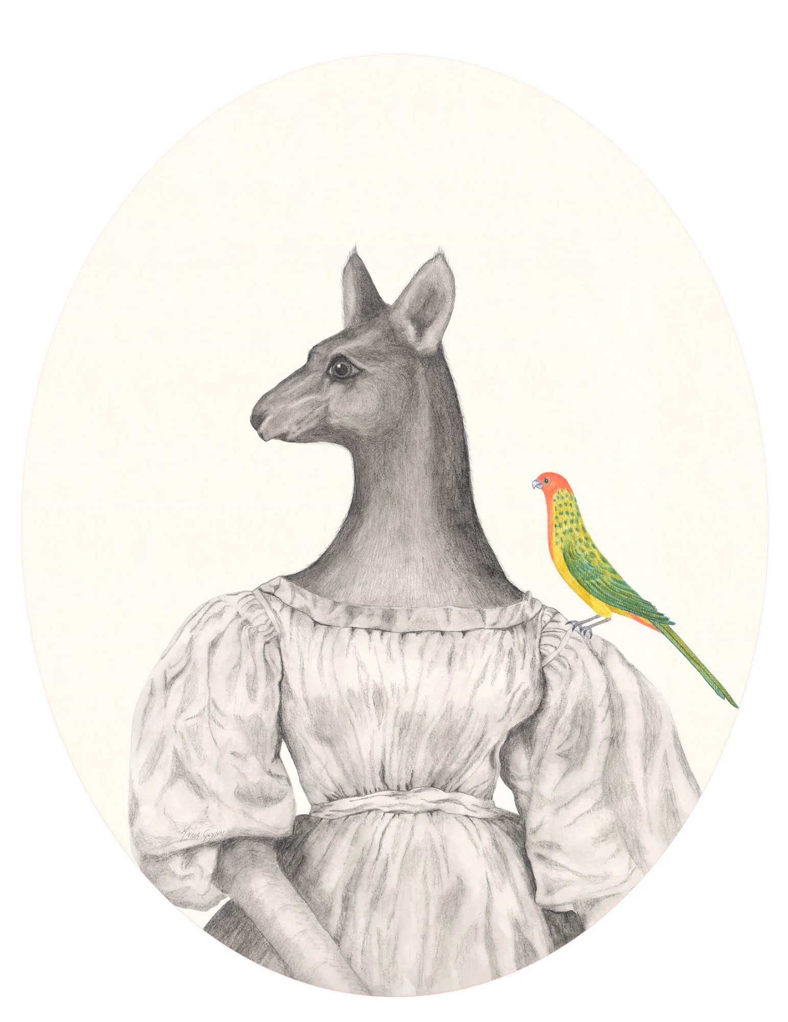 Colonial Hybrid Portrait: Lewin Kangaroo in  Wedding Dress with Parrot
2017
Ink, watercolour & pencil on Arches paper
56 x 46 cm / 78 x 67 cm framed
$4,200
