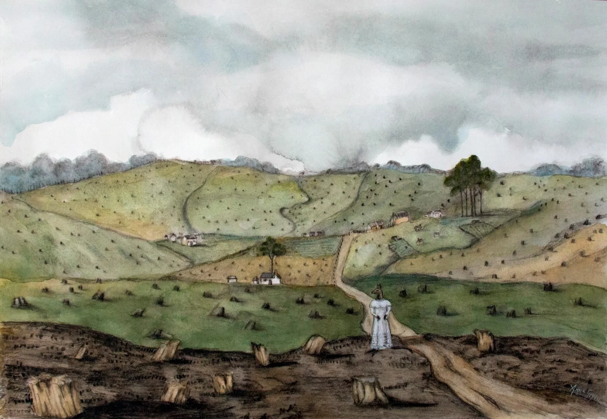 Stubbs Kongouro 1770 in ballgown surveying anonymous  Castle Hill landscape
2017
Ink, watercolour & pencil on Arches paper
40 x 60 cm / 66 x 85 cm framed
$4,800