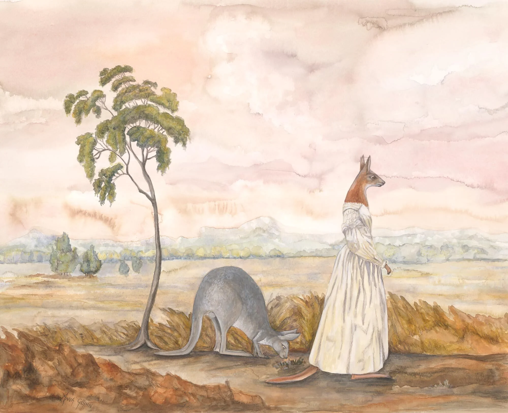 Colonial Hybrid Reimagined from J.W. Lewin -  Male & female red kangaroo in a Liverpool Plains landscape 1819
2017
Ink, watercolour & pencil on Arches paper
51 x 66 cm / 75 x 87 cm framed
$5,000