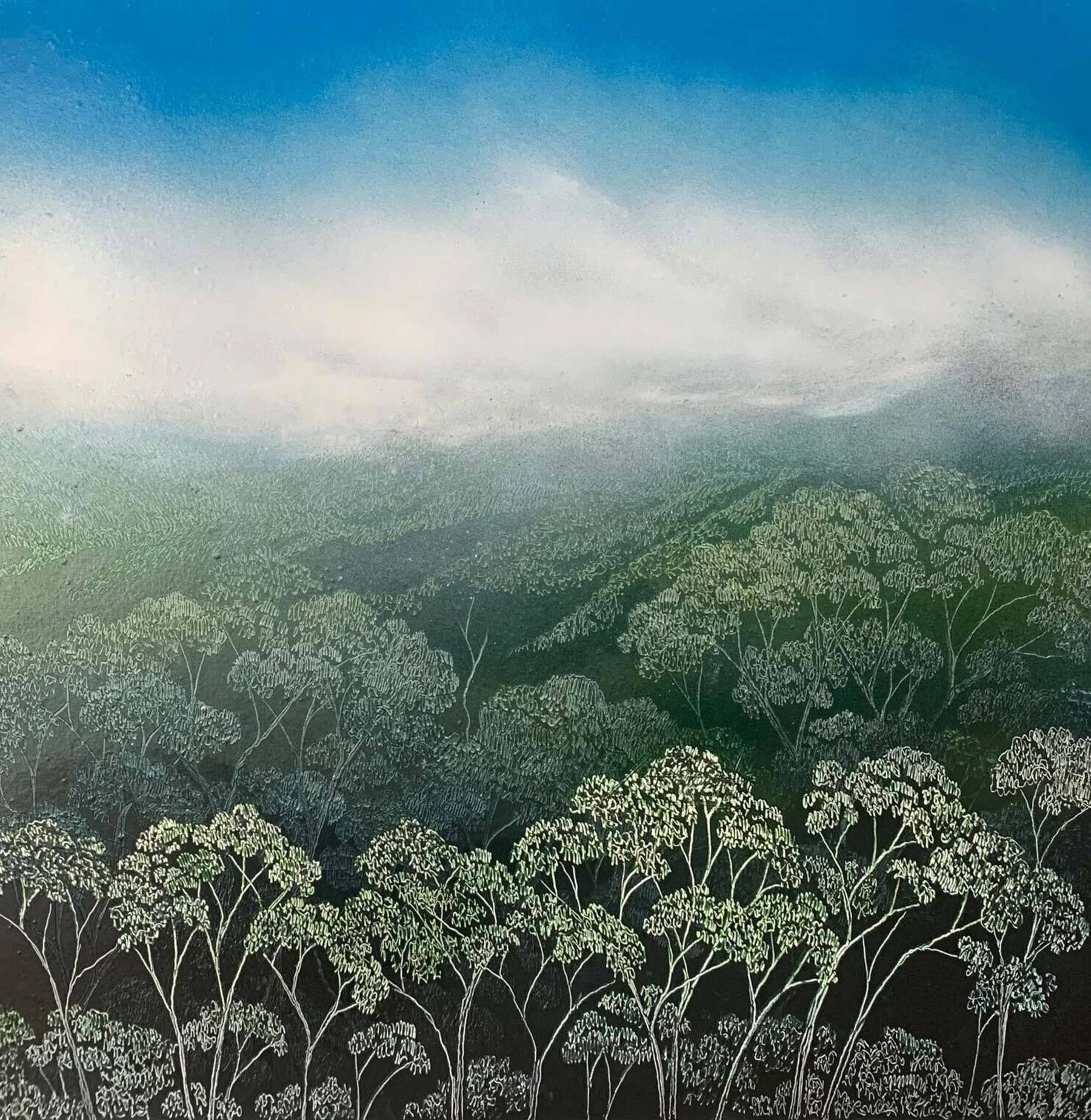 Valley of Trees 
ink, acrylic, soldering iron on board 
42 x 42 cm framed