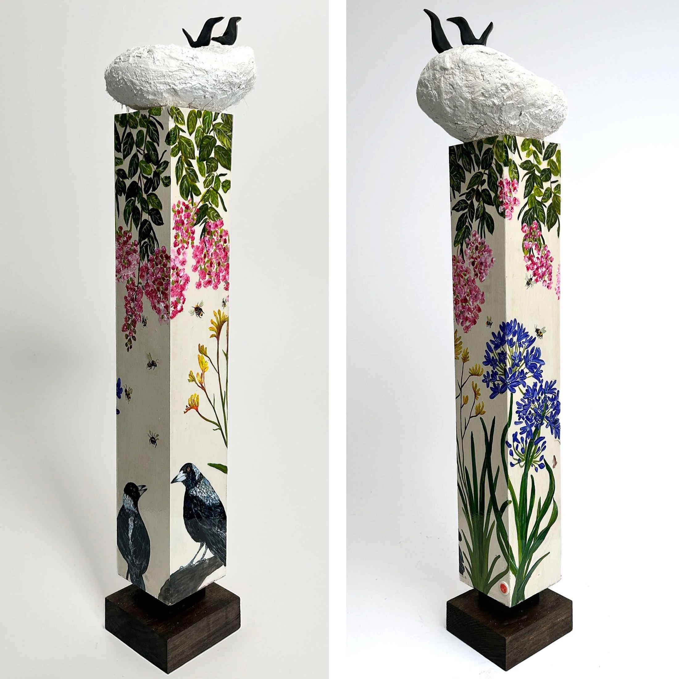 Collected Sightings I: Two Magpies
wood, clay, acrylic paint and resin 
H: 85 cm W: 15 cm D: 14 cm
$3,200