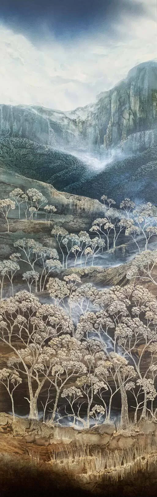 Mountain Gums 
ink, acrylic, soldering iron on board 
120 x 40 cm 