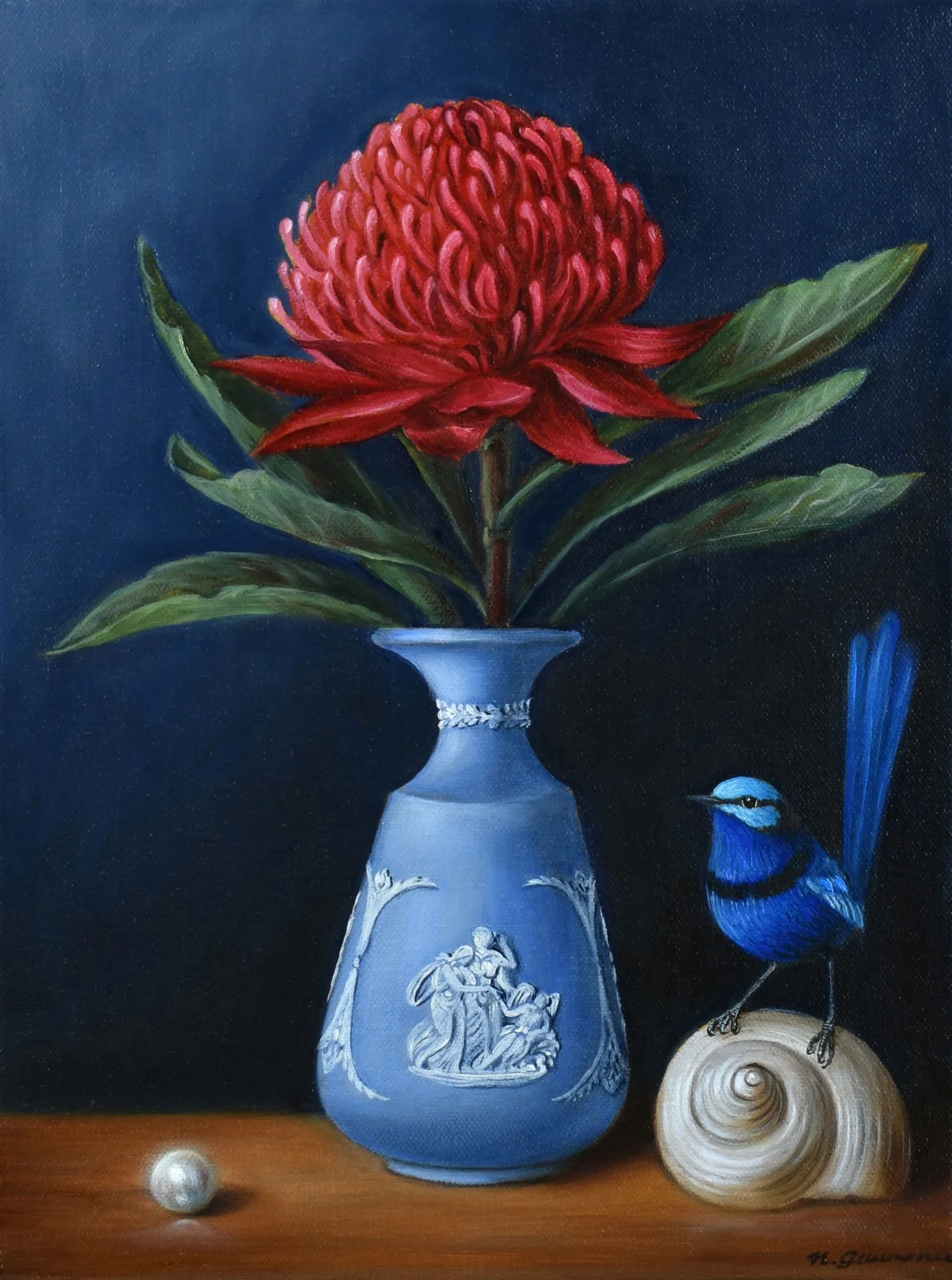 Splendid fairy-wren and waratah
oil on canvas
30 x 23 cm