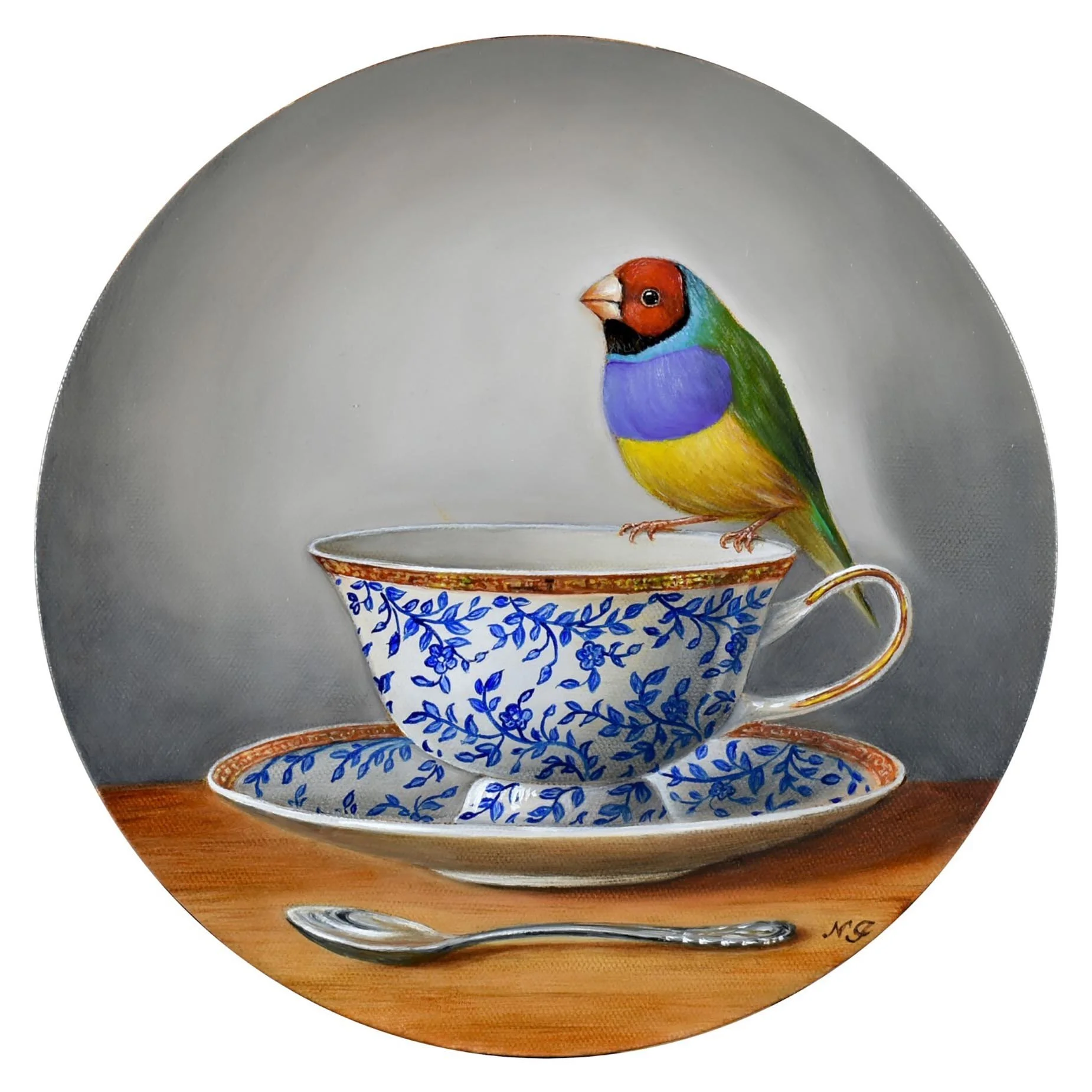 Gouldian Finch and a Silver Spoon
oil on round canvas
25 cm diameter
