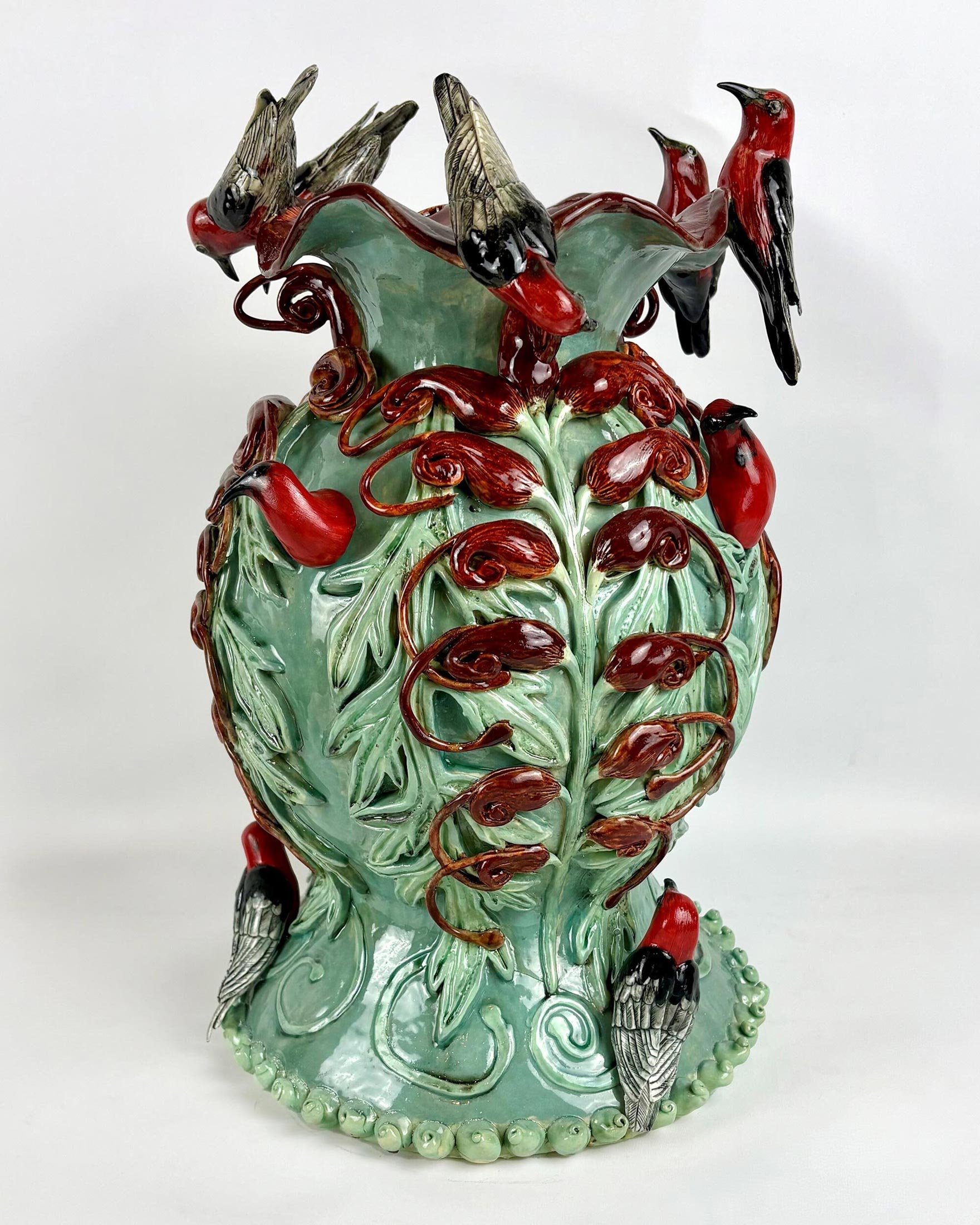 Grevillea and Scarlet Honeyeaters
glazed ceramic 
37 x 26 x 26 cm