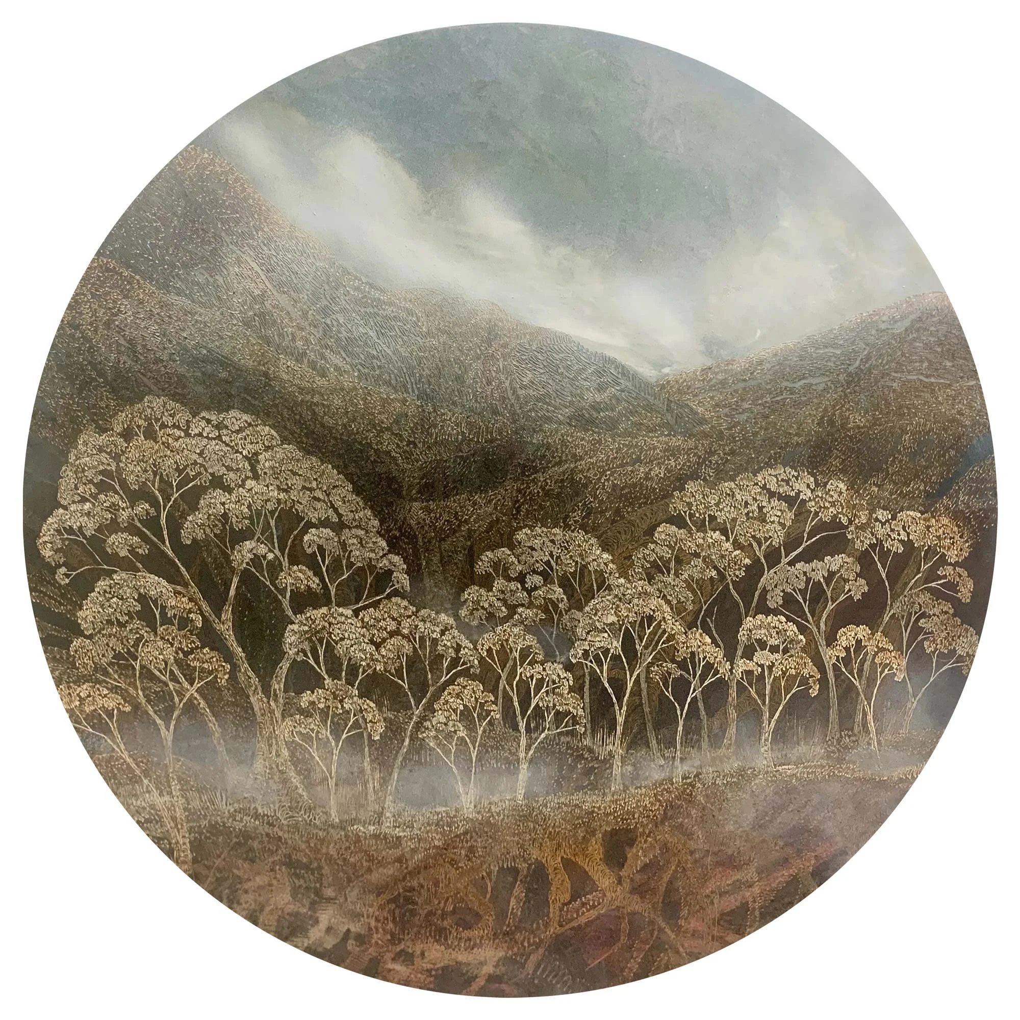 Sepia Dreams 
acrylic, ink, and soldering iron on board 
62 cm diam.