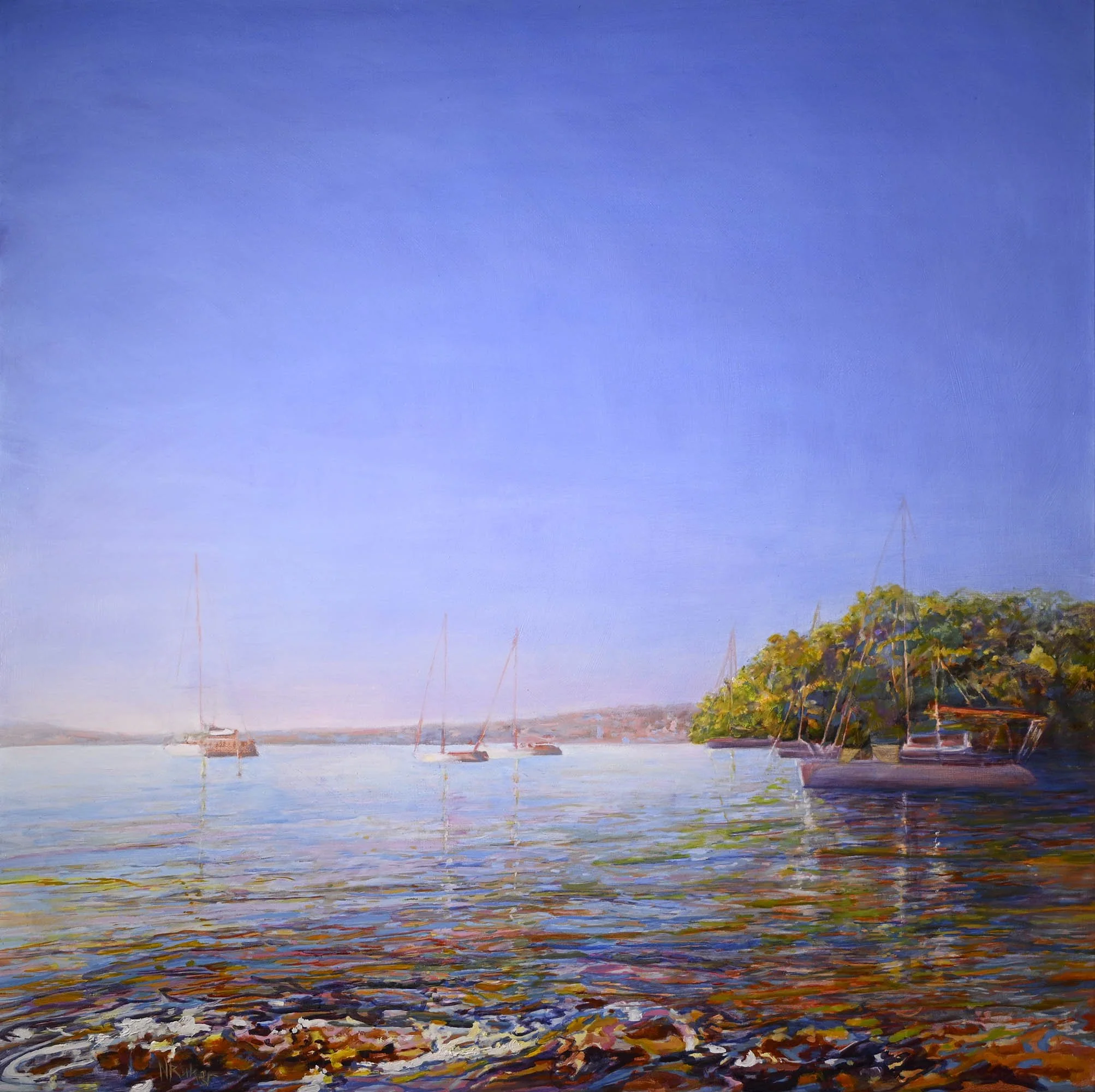 Hidden Cove
oil & pigment on poly-cotton canvas
framed in Tassie Oak
120 x 120 cm