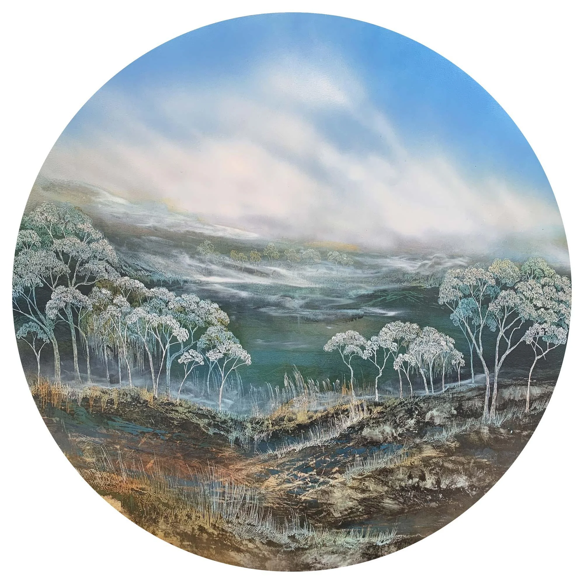 Out Yonder, Cooma NSW 
acrylic, ink, and soldering iron on board 
82 cm diam.