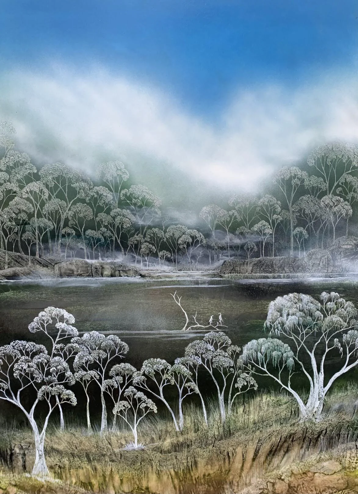 Murray River Dreaming 
acrylic, ink, and soldering iron on board 
109 x 80 cm