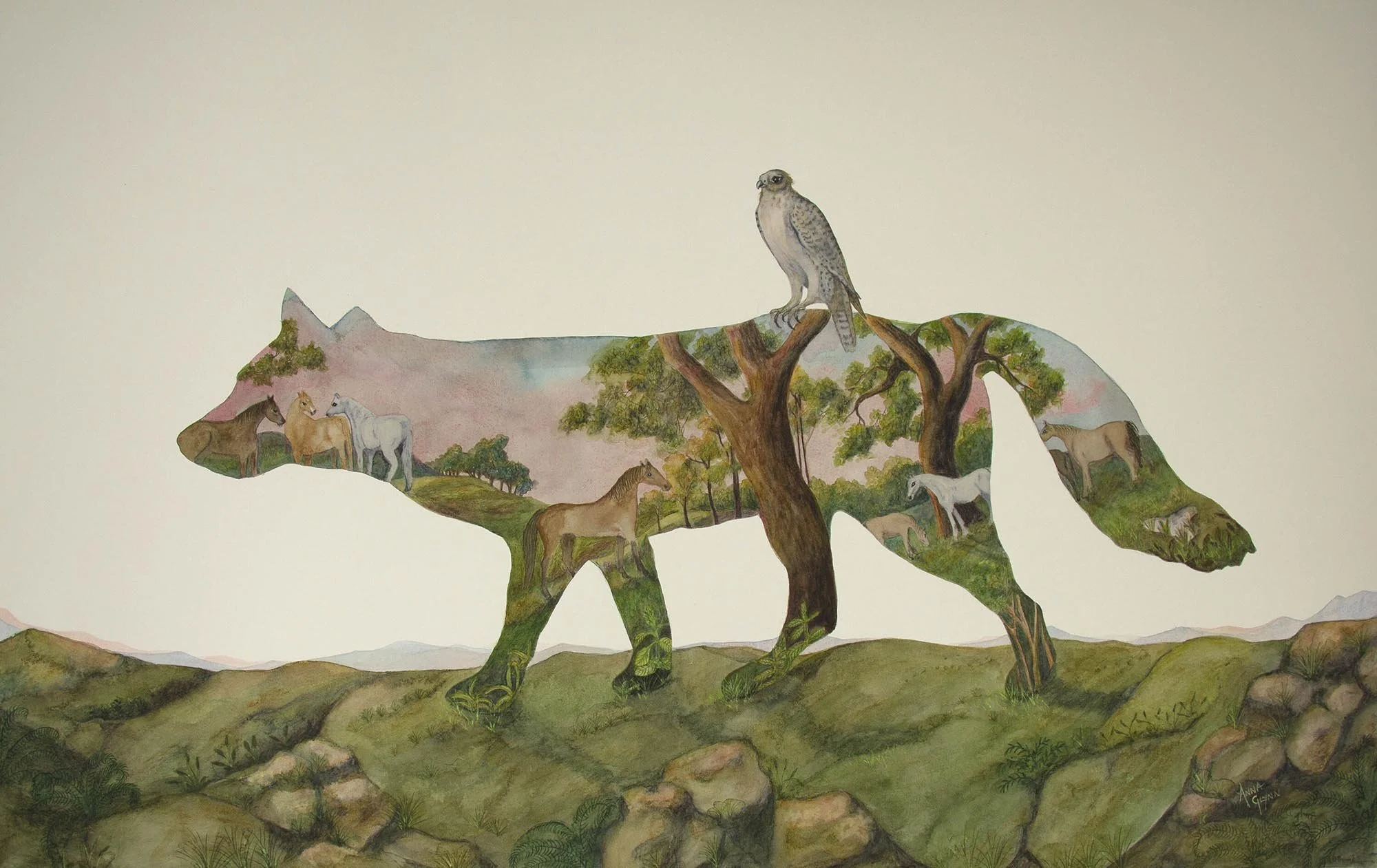 Stubbs Dingo Swallows Ponies
2020
watercolour and pencil on Arches paper
65 x 102cm / 93 x 120cm framed
$9,000 