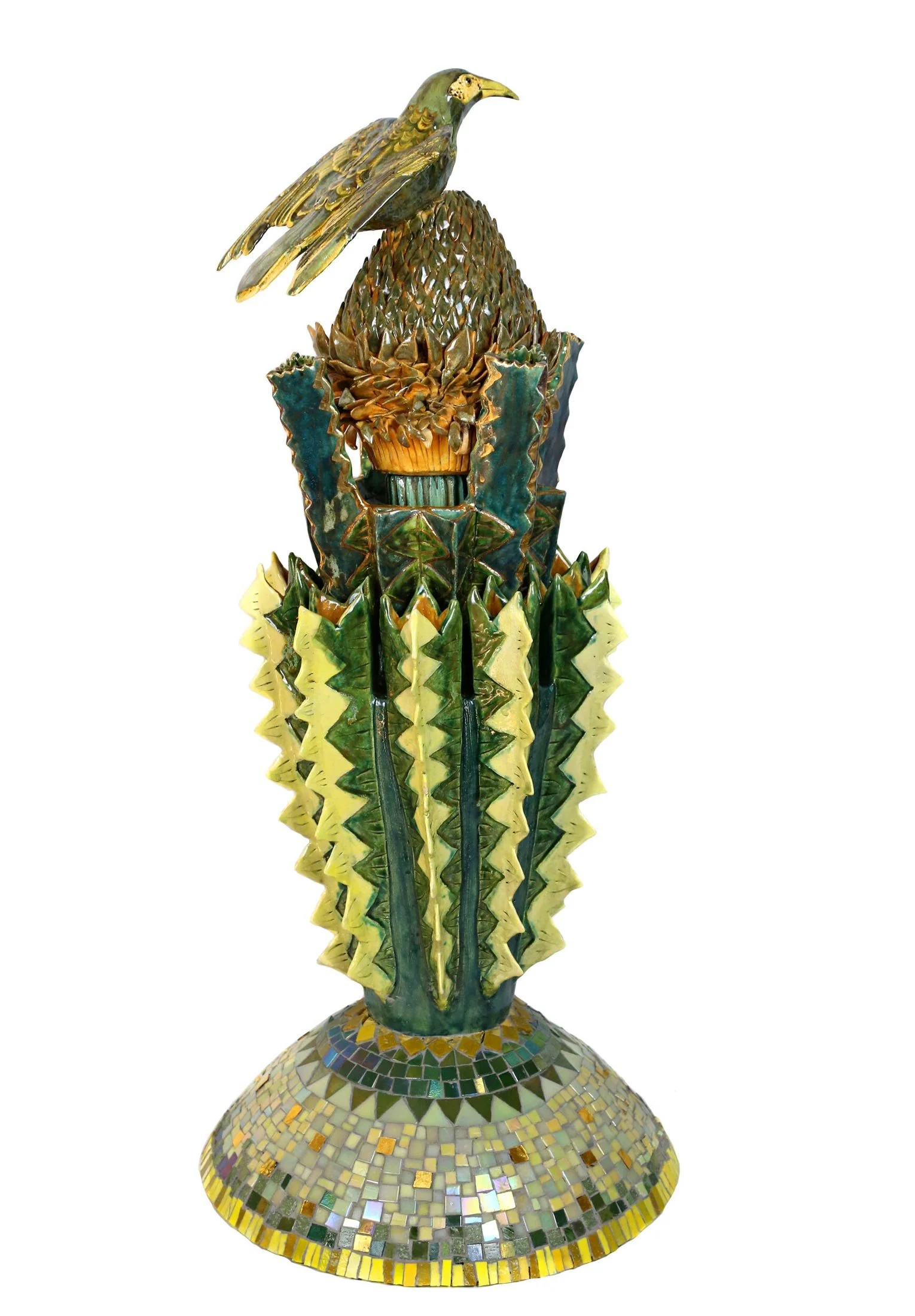 Vase for Banksia Flowers with Warty-faced /
   Regent Honeyeaters  
glazed ceramics and glass mosaic
70 x 30 x 30 cm