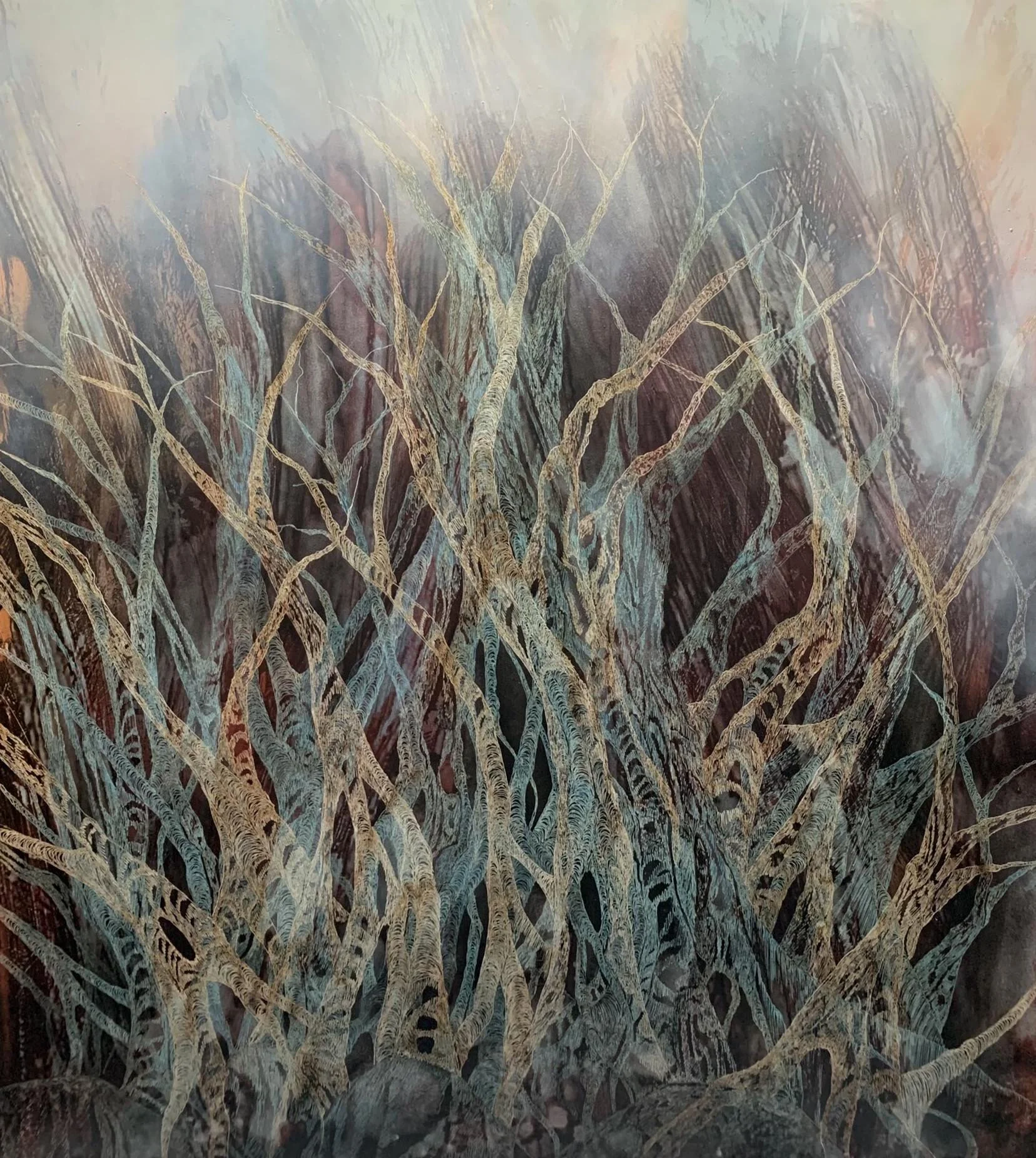 Figments of My Imagination 
ink, acrylic, soldering iron on board 
98 x 87 cm framed