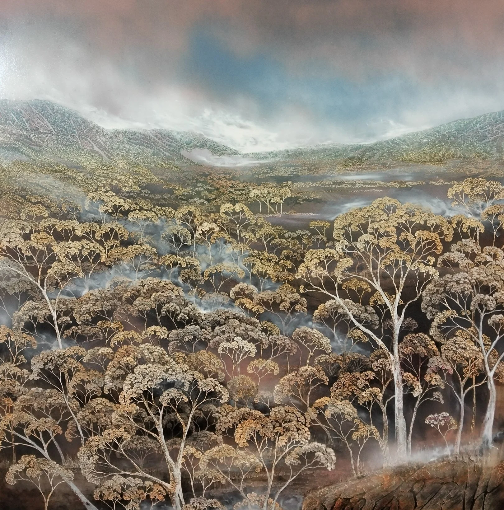 Pink Sky and Tall Gums
ink, acrylic, heated soldering iron on board
42 x 42 cm (framed)