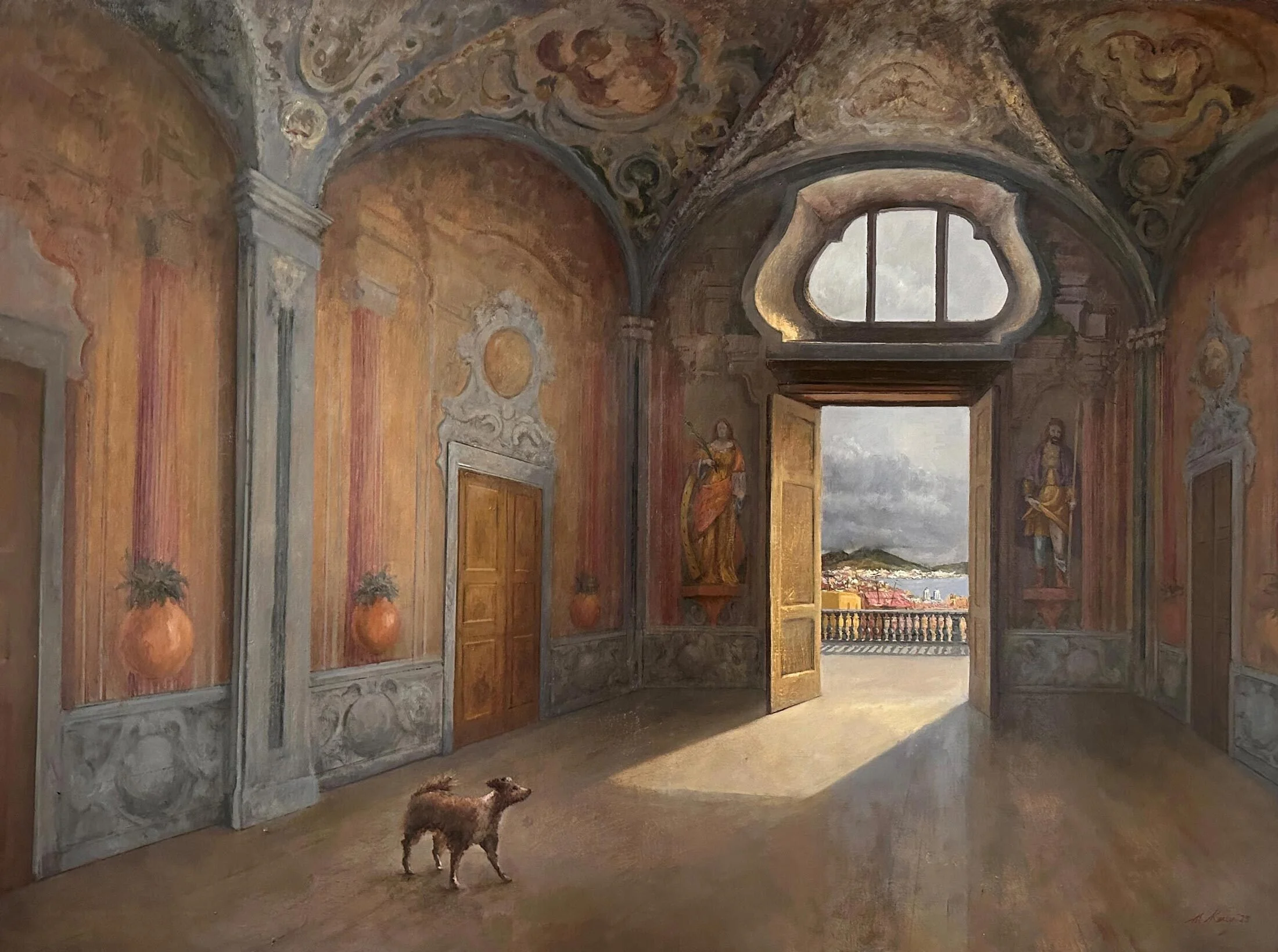The Lost Dog in the Hall of Oranges
oil on linen
102 x 138 cm
$ 7,700