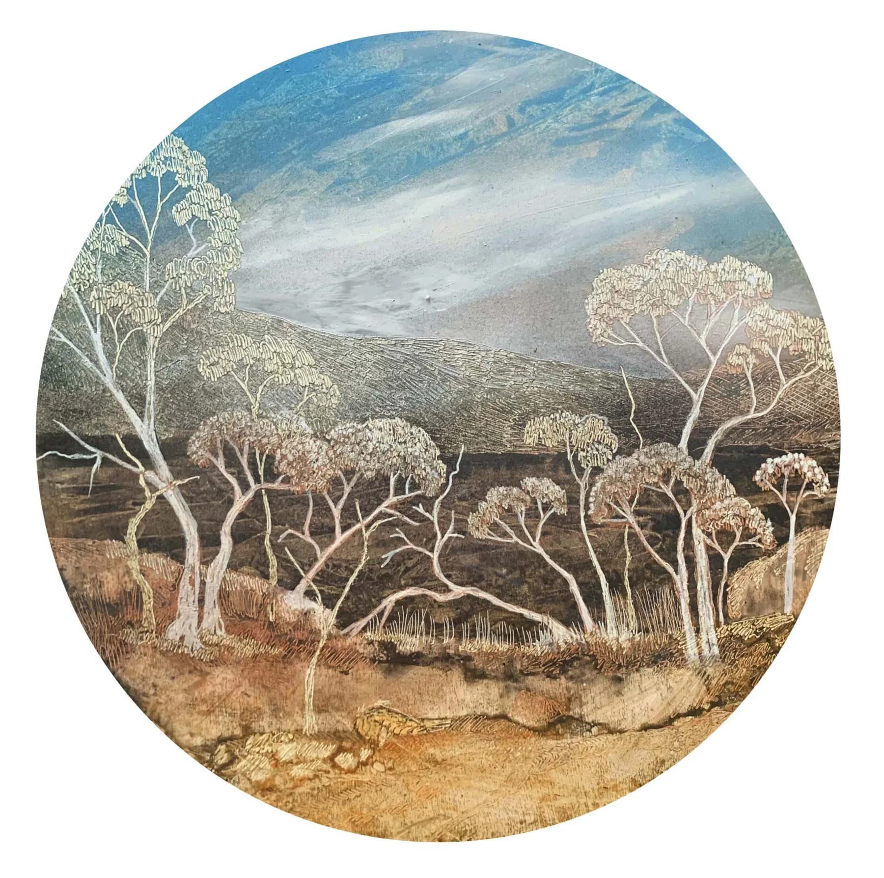 Warmer Days 
acrylic, ink, and soldering iron on board 
30 cm diam.