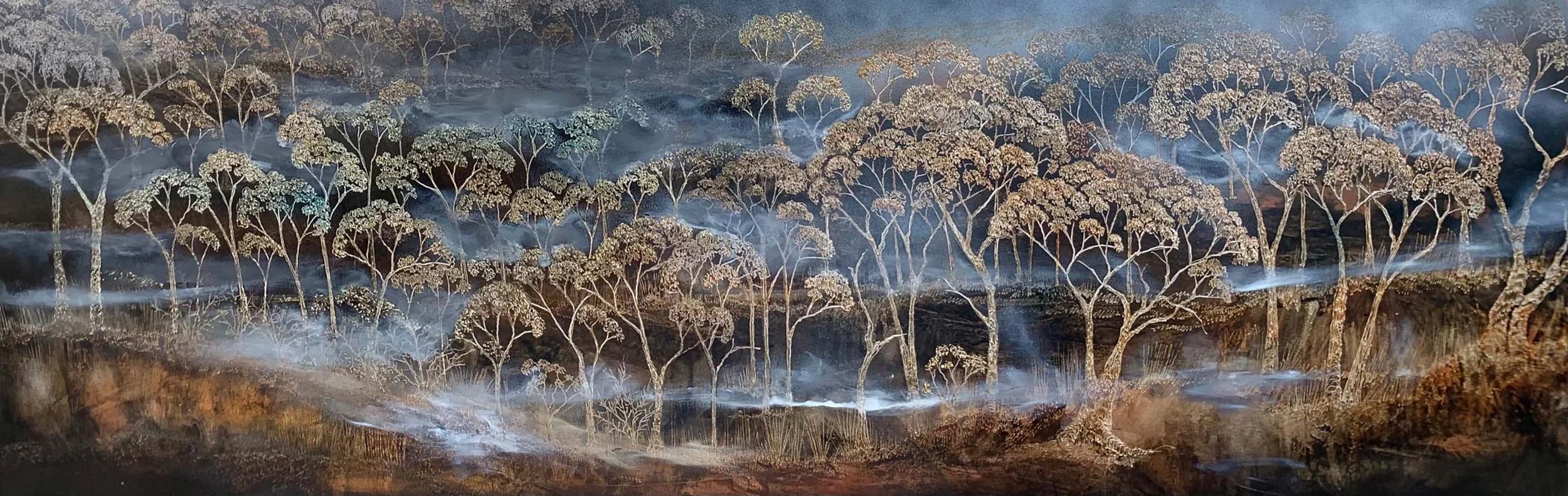 Gundagai Mist 
acrylic, ink, and soldering iron on board 
40 x 120 cm
