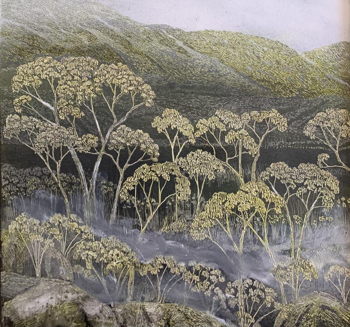 Bush Reverie 
acrylic, ink, and soldering iron on board 
42 x 42 cm