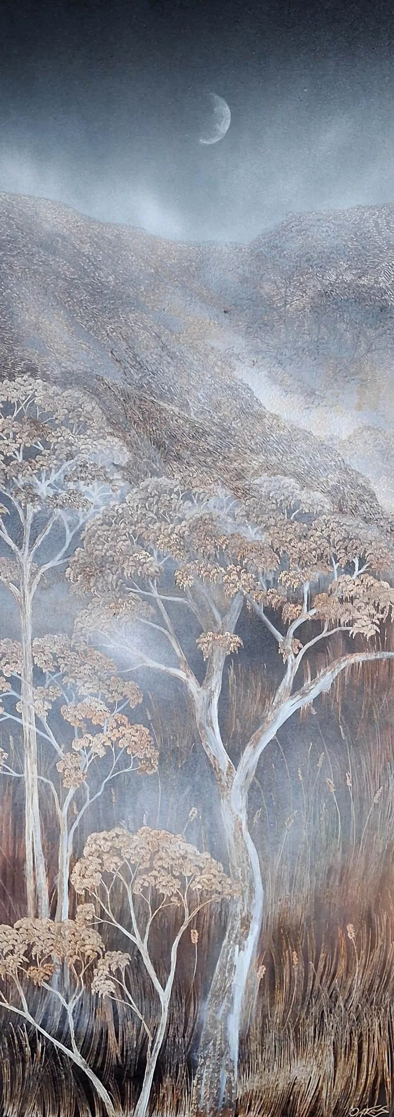 Veiled Moon
ink, acrylic, soldering iron on board
91 x 32 cm