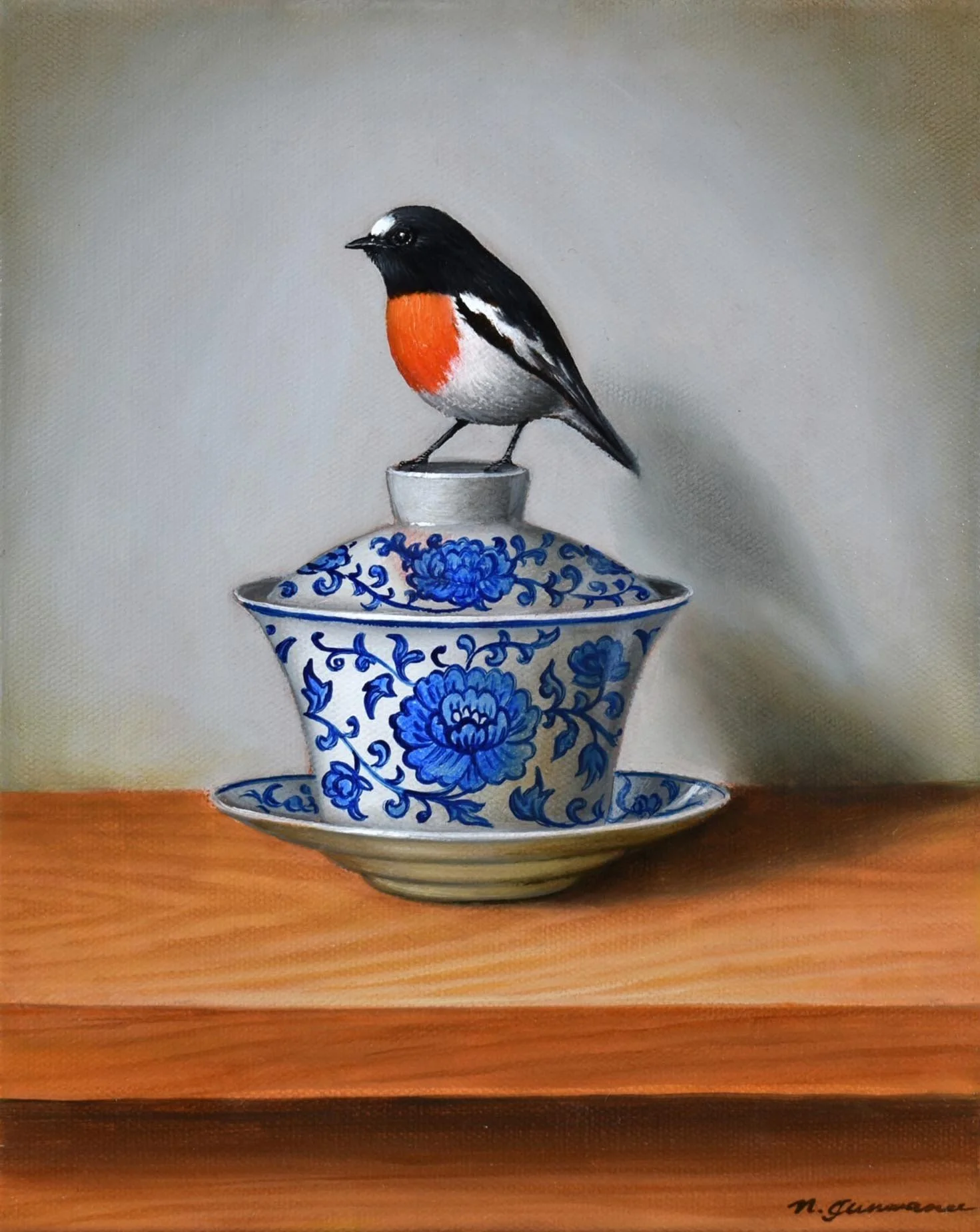 Scarlet Robin on Gaiwan Teacup 
oil on canvas 
20 x 25 cm