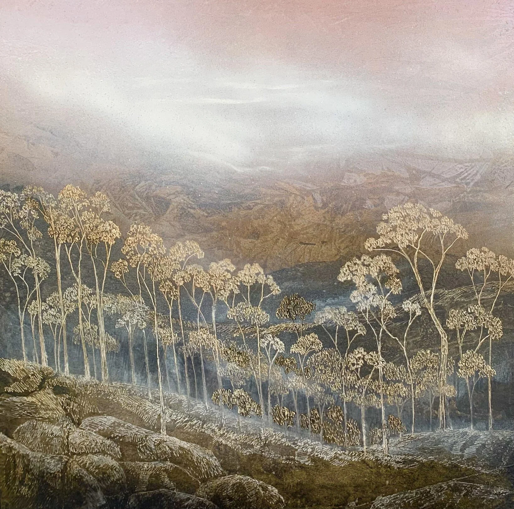 Grose Valley Gums
ink, acrylic, soldering iron on board
100 X 100 cm