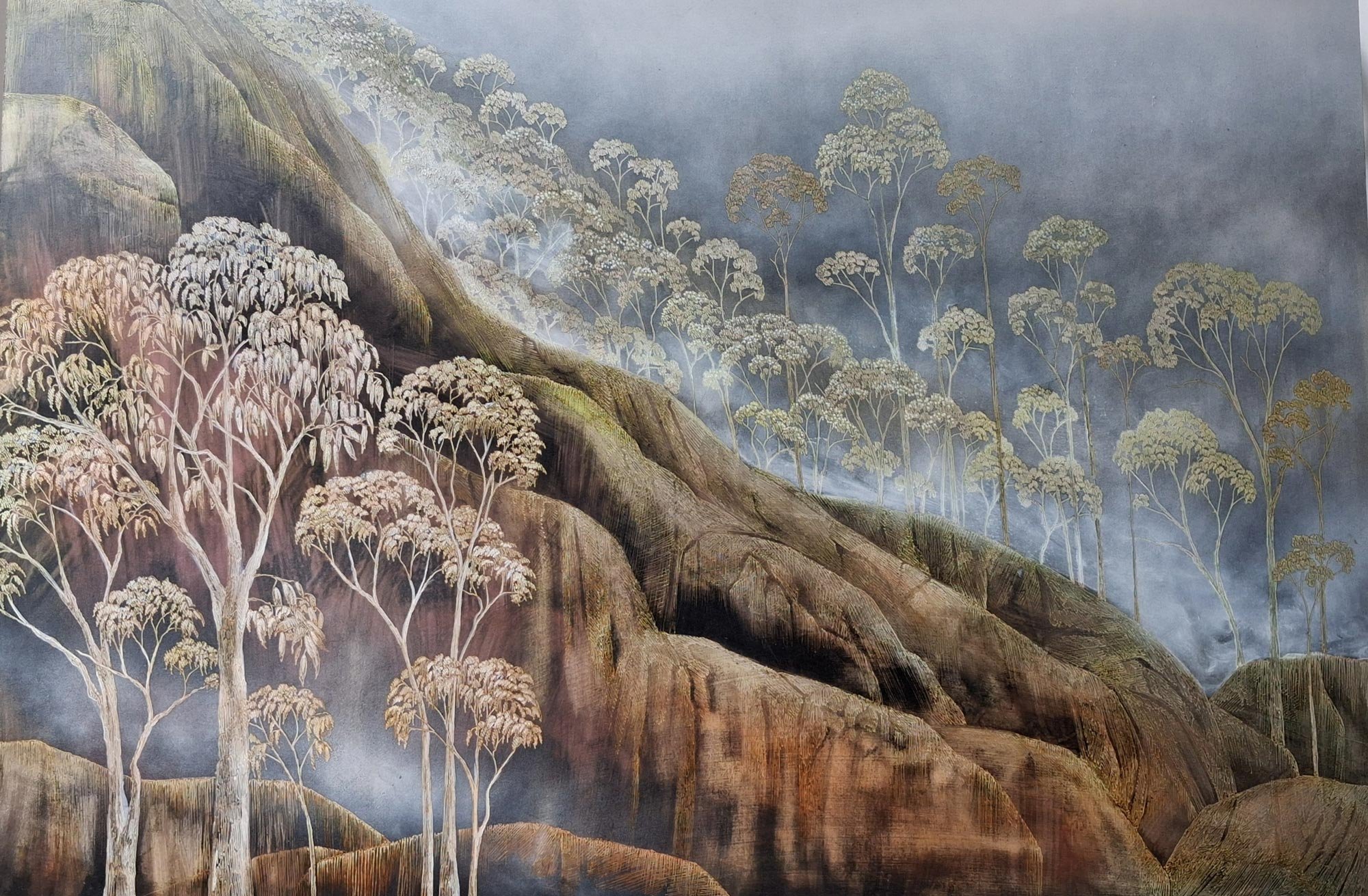 Distant Drama
ink, acrylic, soldering iron on board
62 x 92 cm