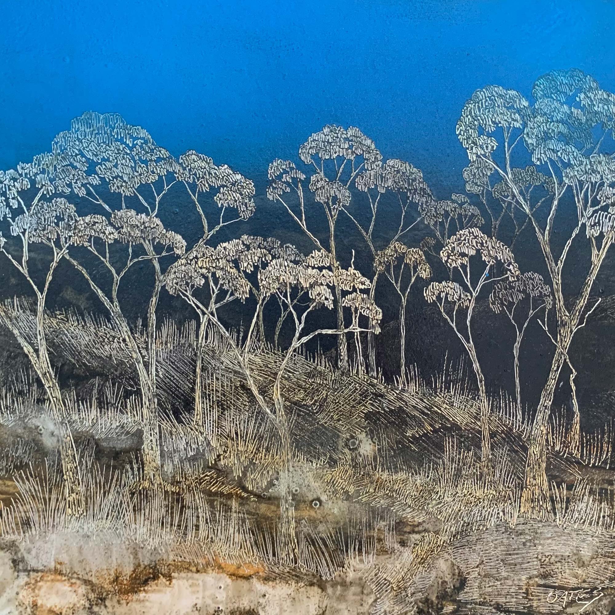 Cobalt Sky 
acrylic, ink, and soldering iron on board 
42 x 42cm
