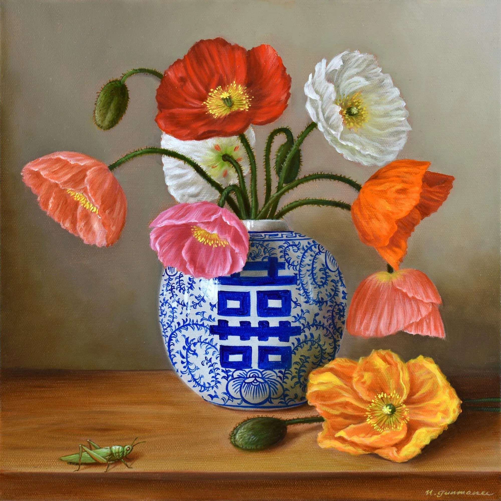 Double Happiness Jar with Poppies 
oil on canvas 
30 x 30cm