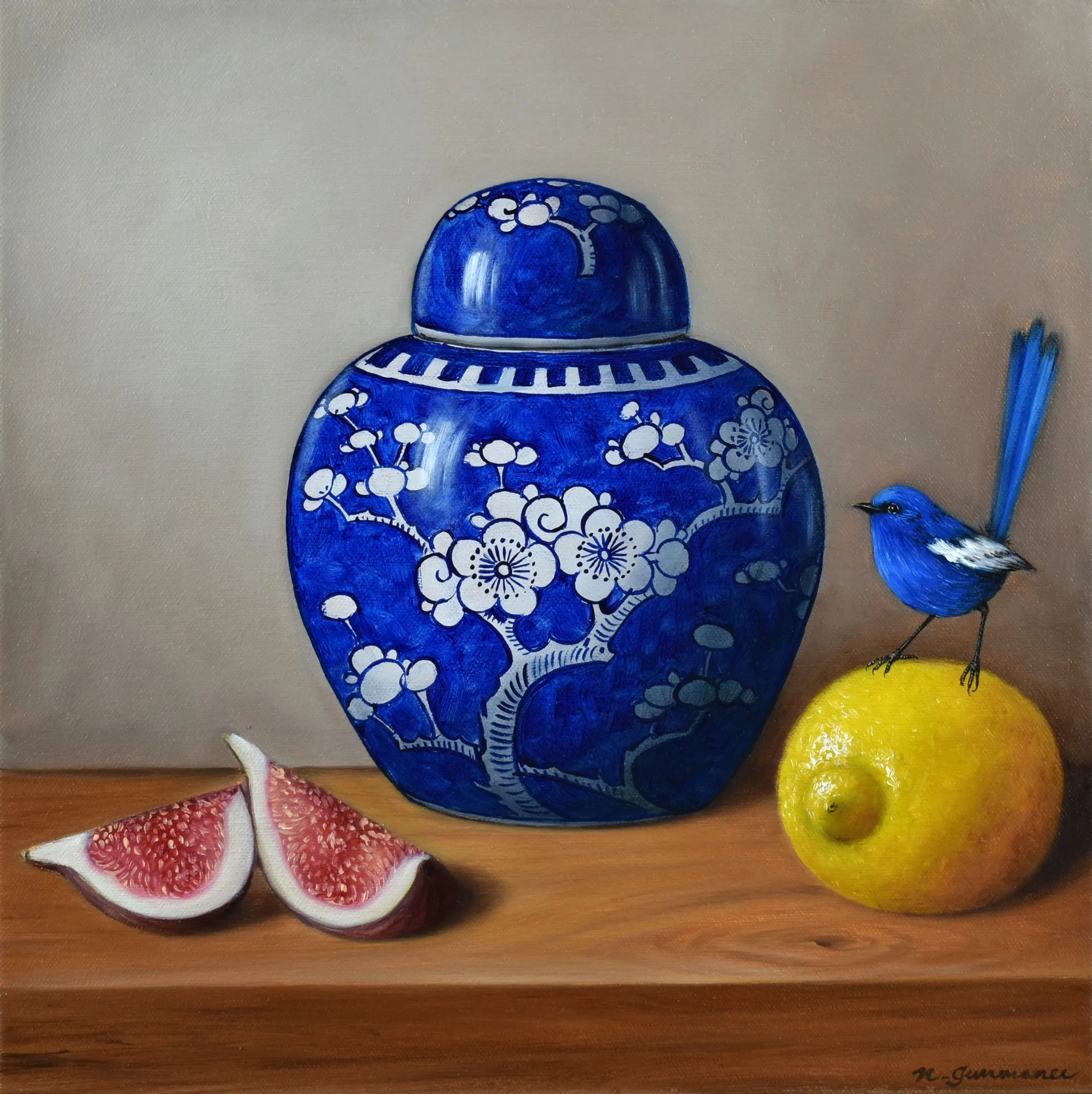 White winged fairy-wren and prunus jar 
oil on canvas
30 x 30 cm