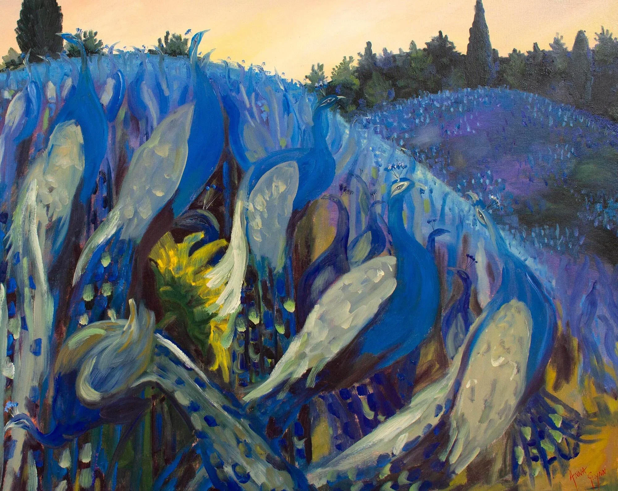 The Foreigner - Peacocks and Sunflowers
1994 
Oil on canvas
79 x 99 cm
$8,500