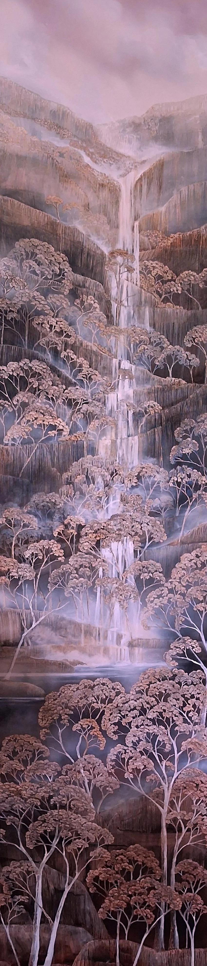 Stillness Beneath the Fall
ink, acrylic, soldering iron on board
178 x 42 cm