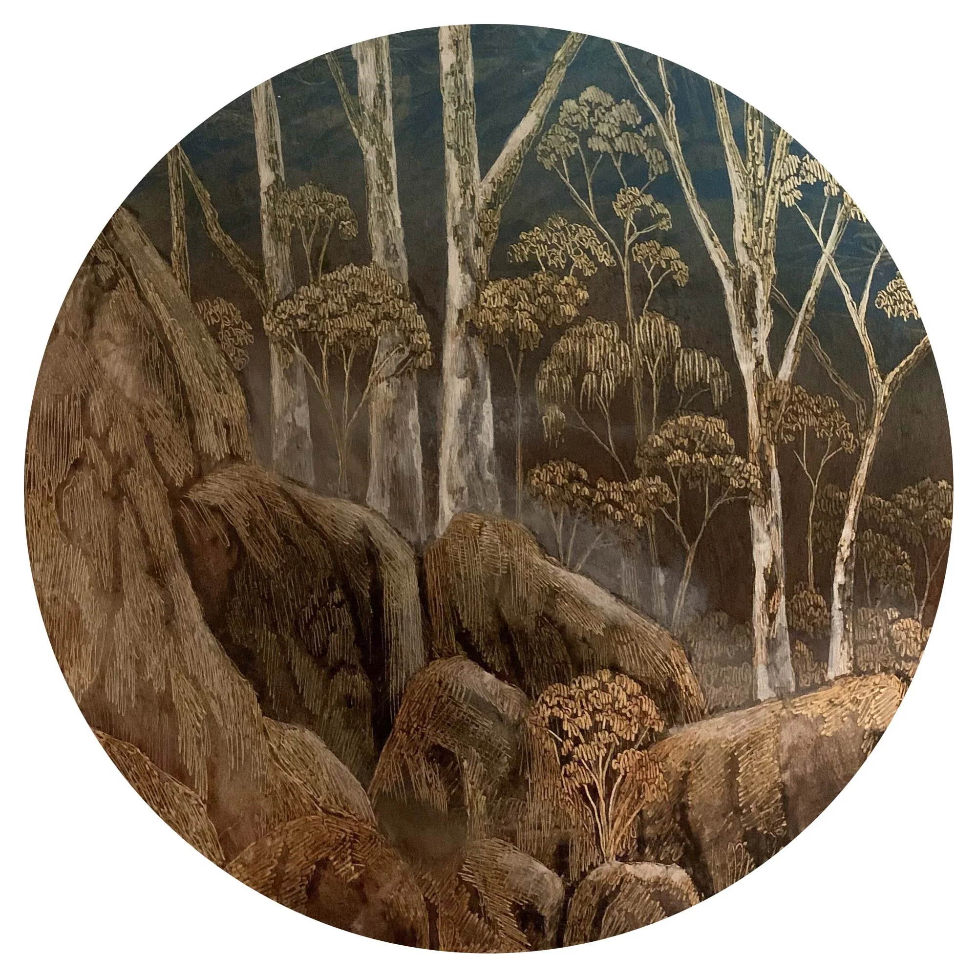 Gums n Rocks 
acrylic, ink, and soldering iron on board 
30 cm diam.