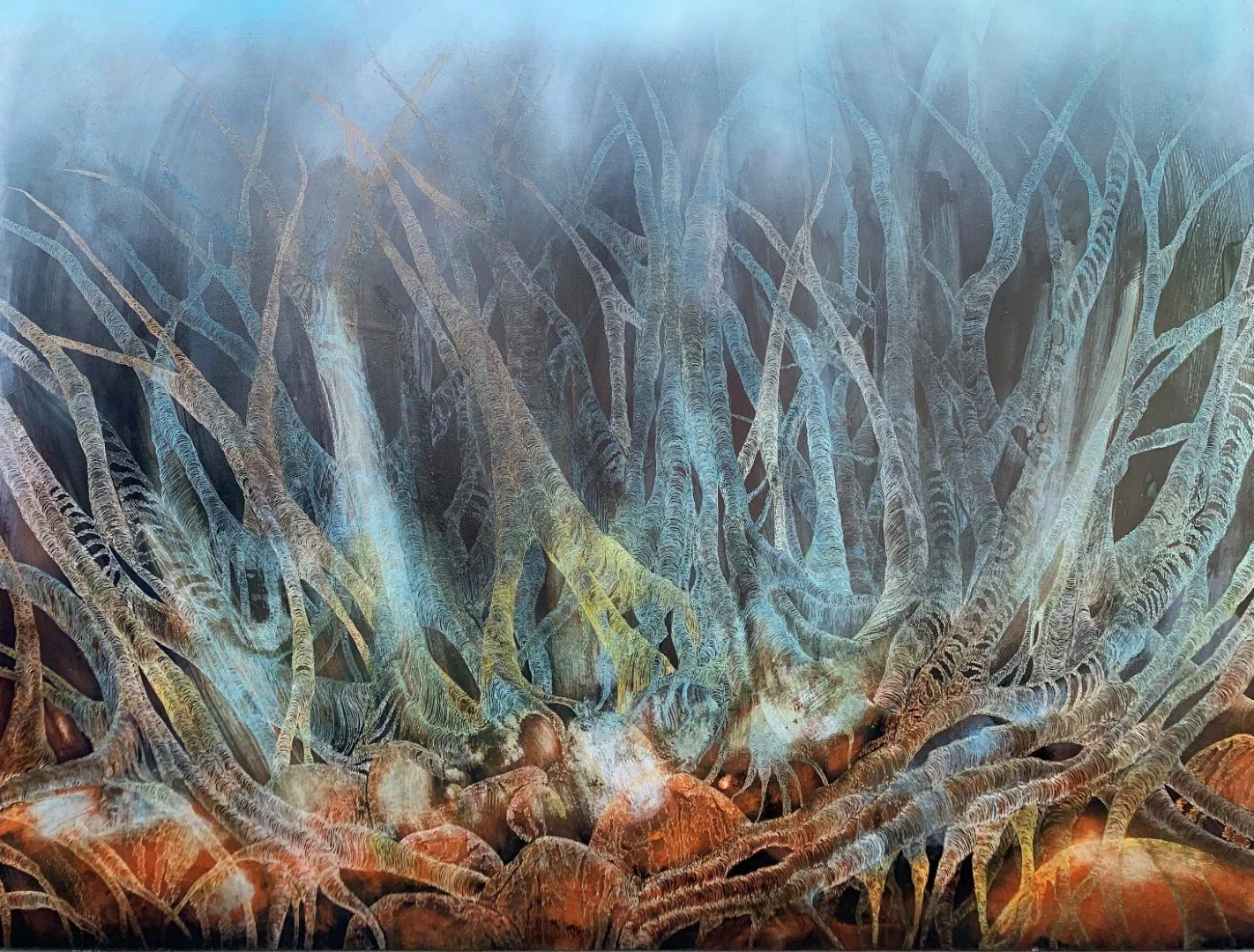 Entangled 
ink, acrylic, soldering iron on board 
91 x 122 cm 