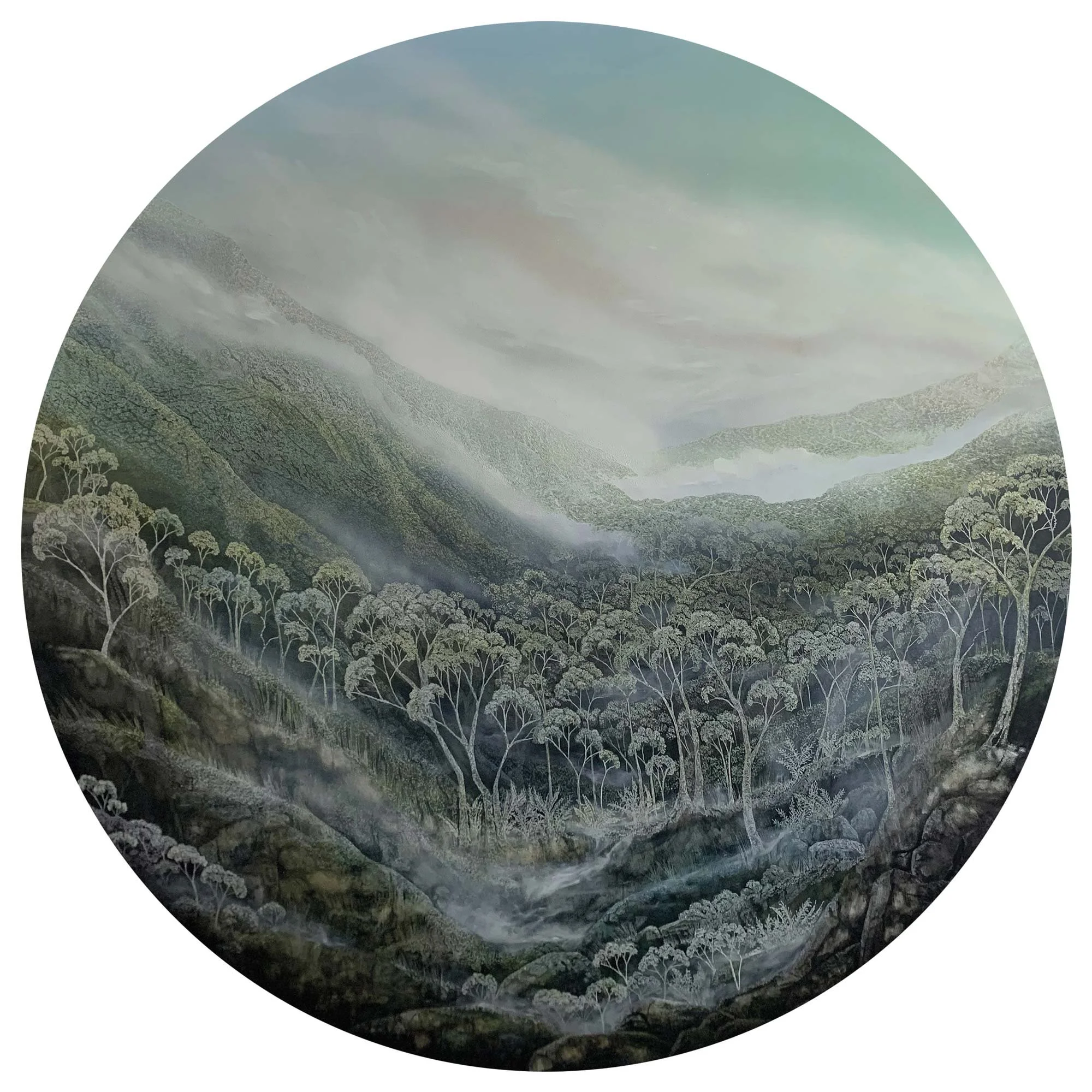 Etched Through Time 
acrylic, ink, and soldering iron on board 
150 cm diam.