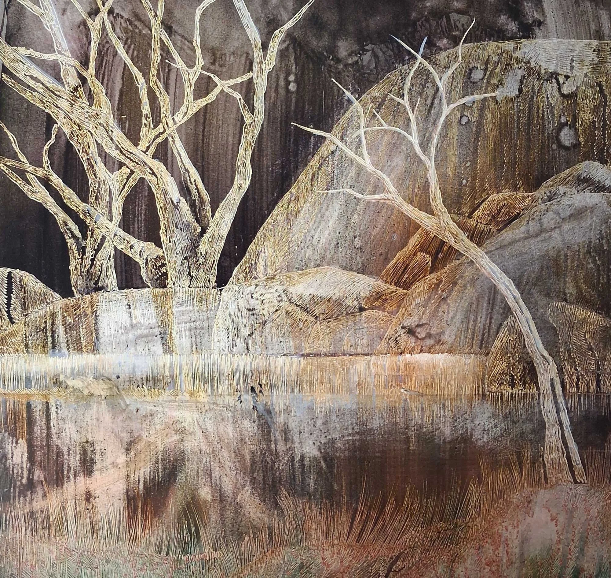 Winter Reflections
ink, acrylic, soldering iron on board
40 x 40 cm
