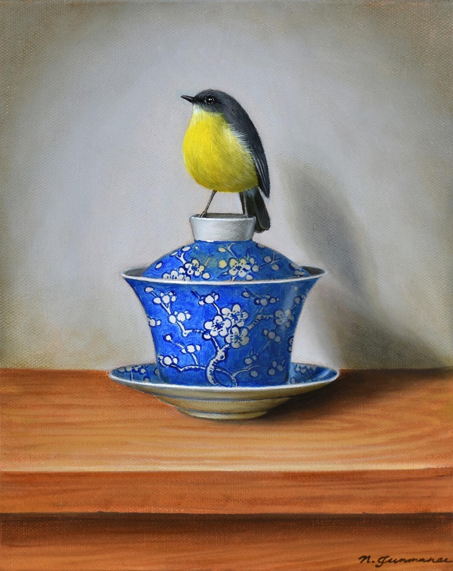 Eastern Yellow Robin on Gaiwan Teacup 
oil on canvas 
20 x 25 cm