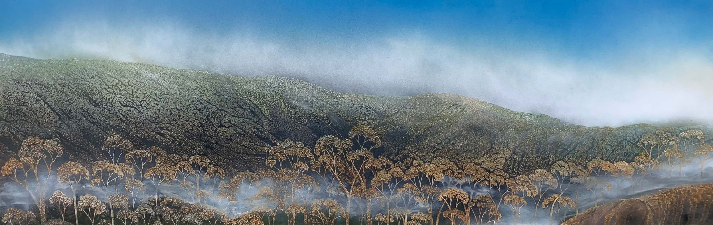 Gums Shrouded in Mist 
acrylic, ink, and soldering iron on board 
40 x 120 cm