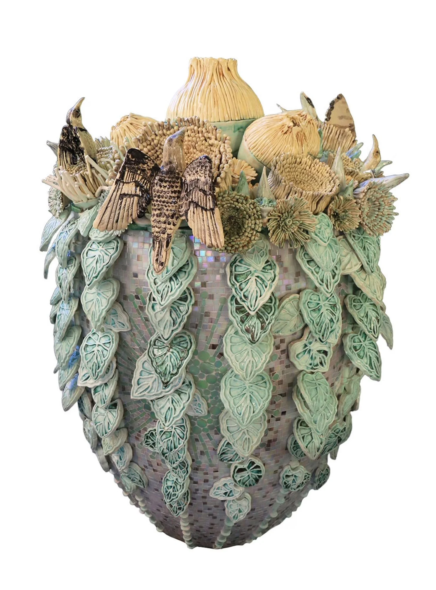 Eucalyptus Cordata with Warty-faced/ Regent Honeyeaters
glazed ceramics and glass mosaic 
110 x 80 x 80 cm