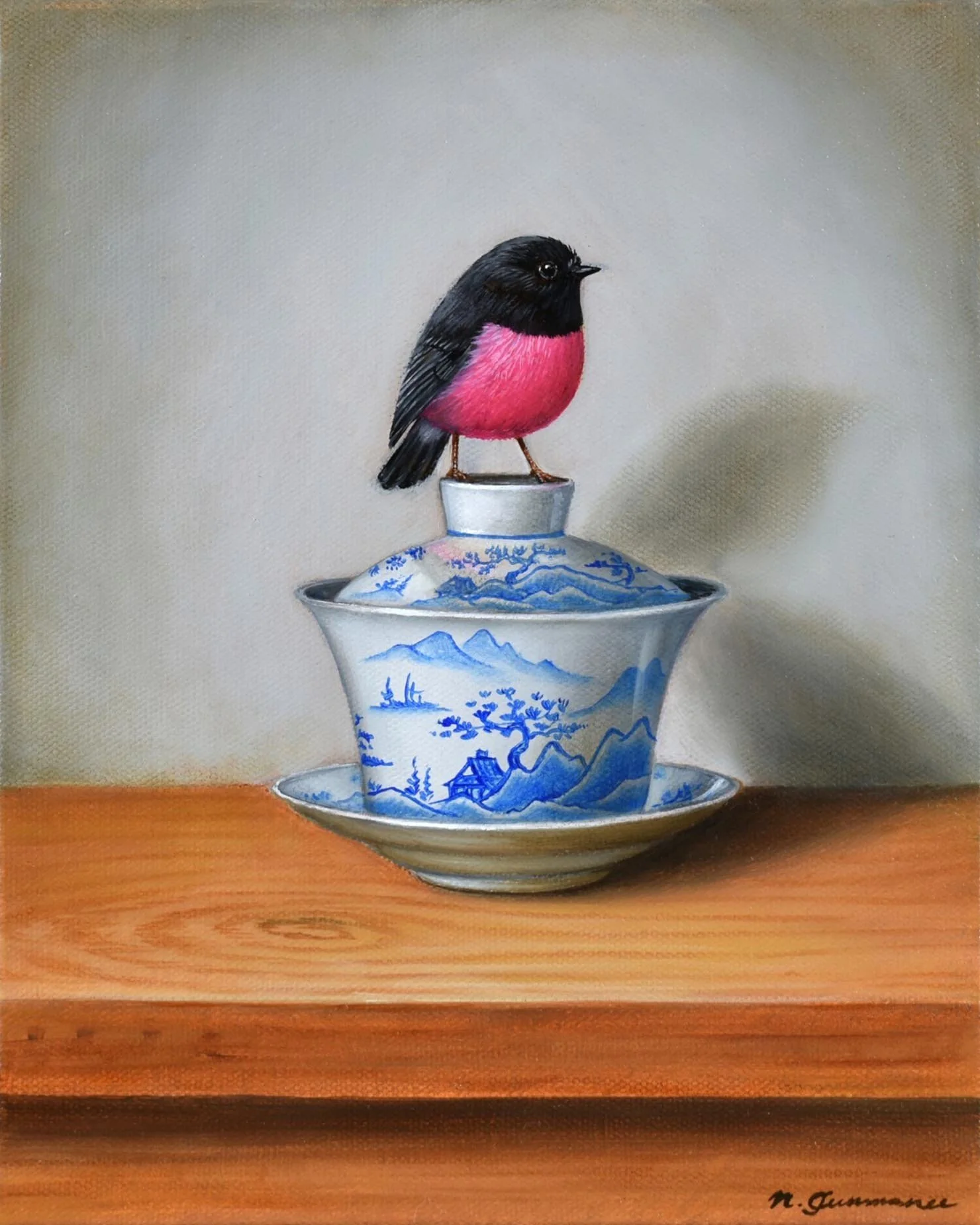 Pink Robin on Gaiwan Teacup 
oil on canvas 
20 x 25 cm