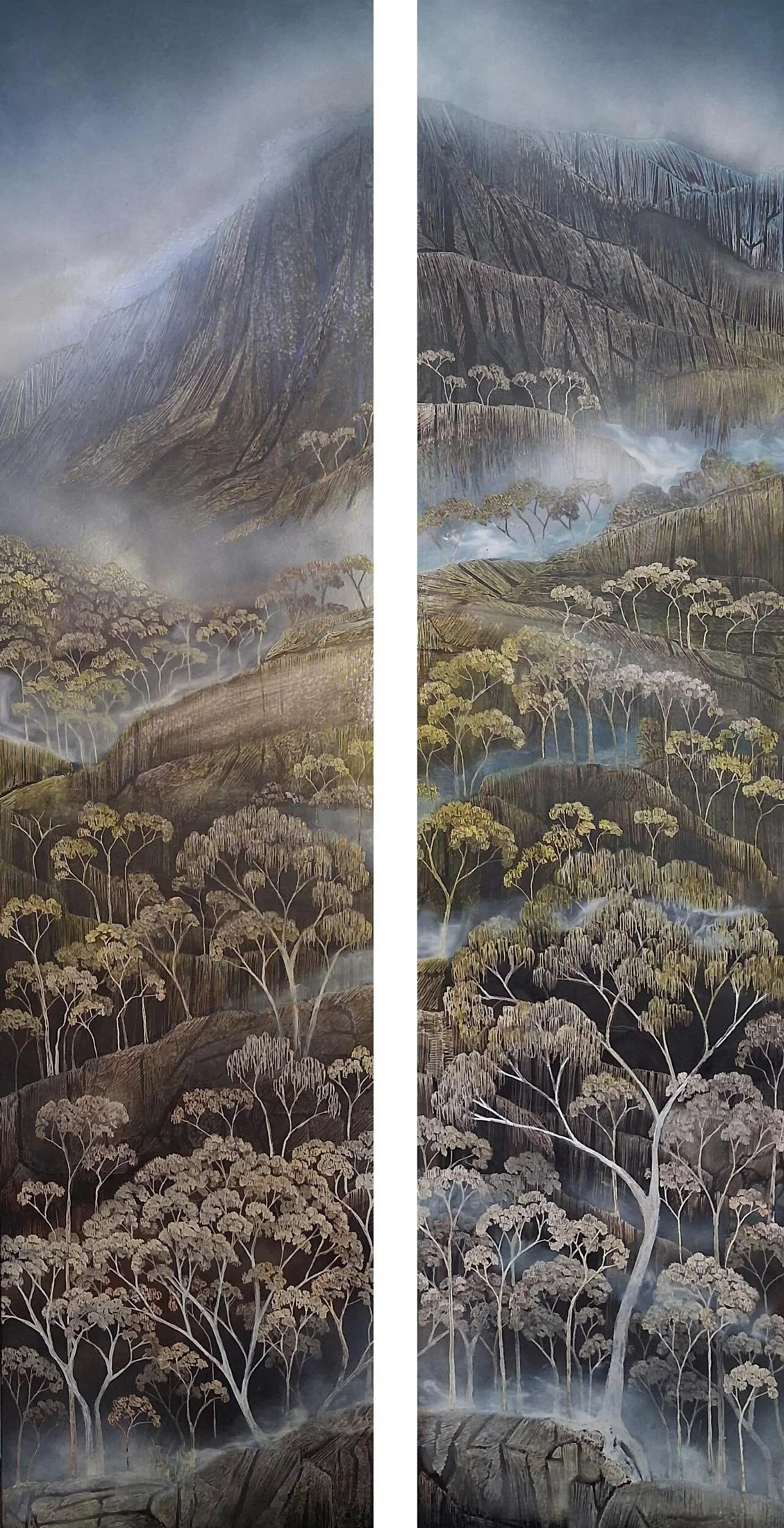 Ngurra Echoes
ink, acrylic, soldering iron on board
122 x 60 cm (diptych)
$ 5,000