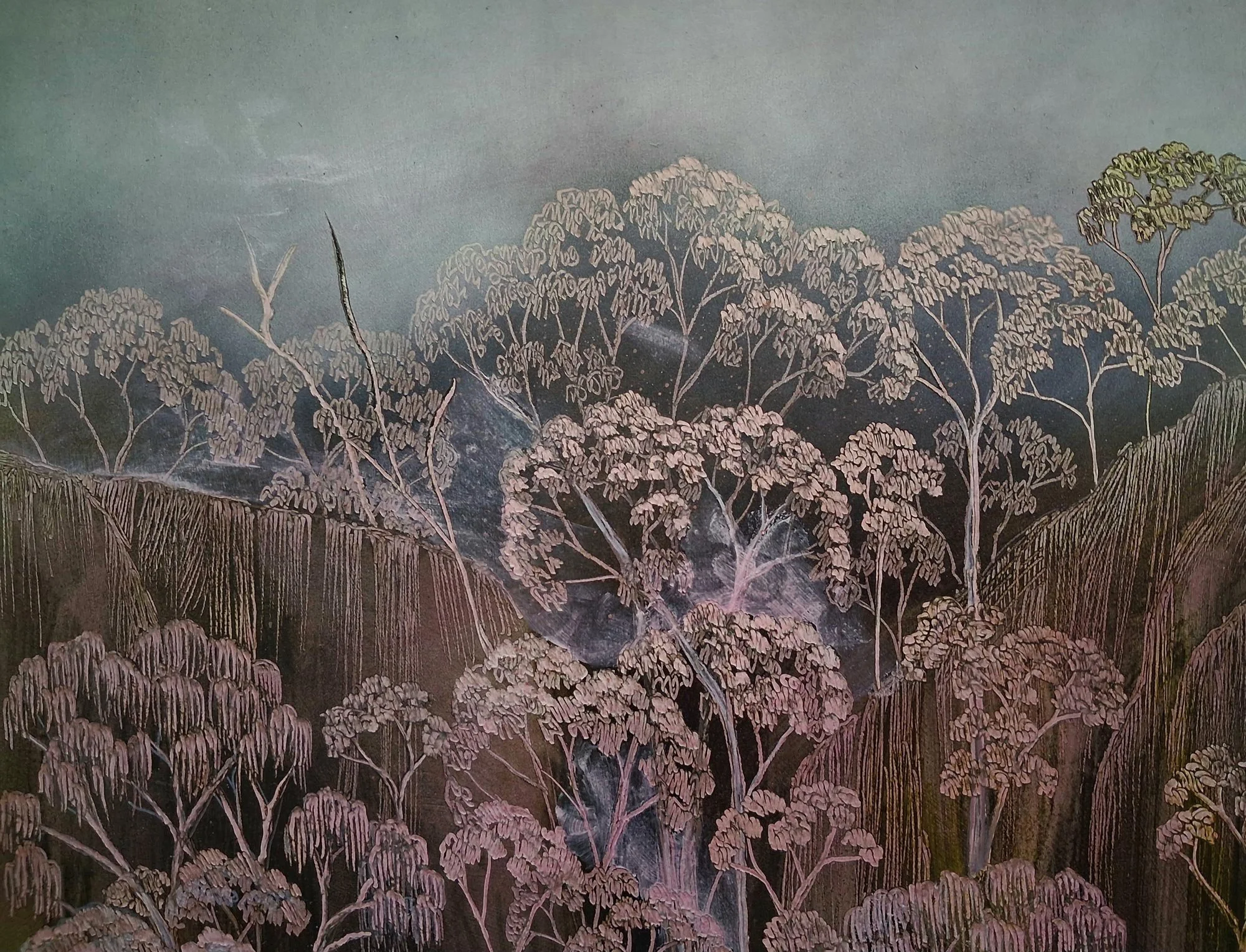 Bush Escarpment
ink, acrylic, soldering iron on board
30 x 37 cm