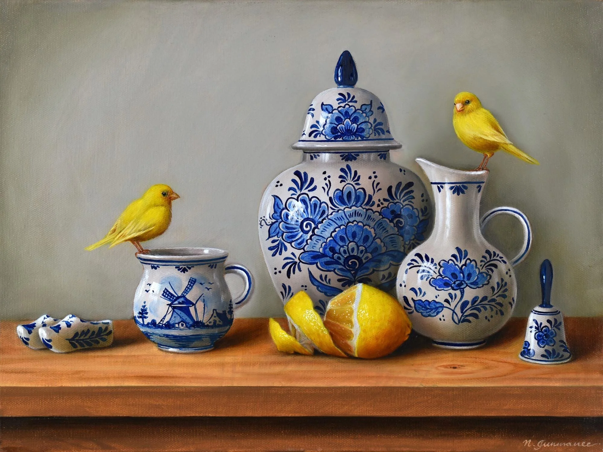 Two Canaries and Delft Blue Collection 
oil on canvas 
40 x 30 cm
