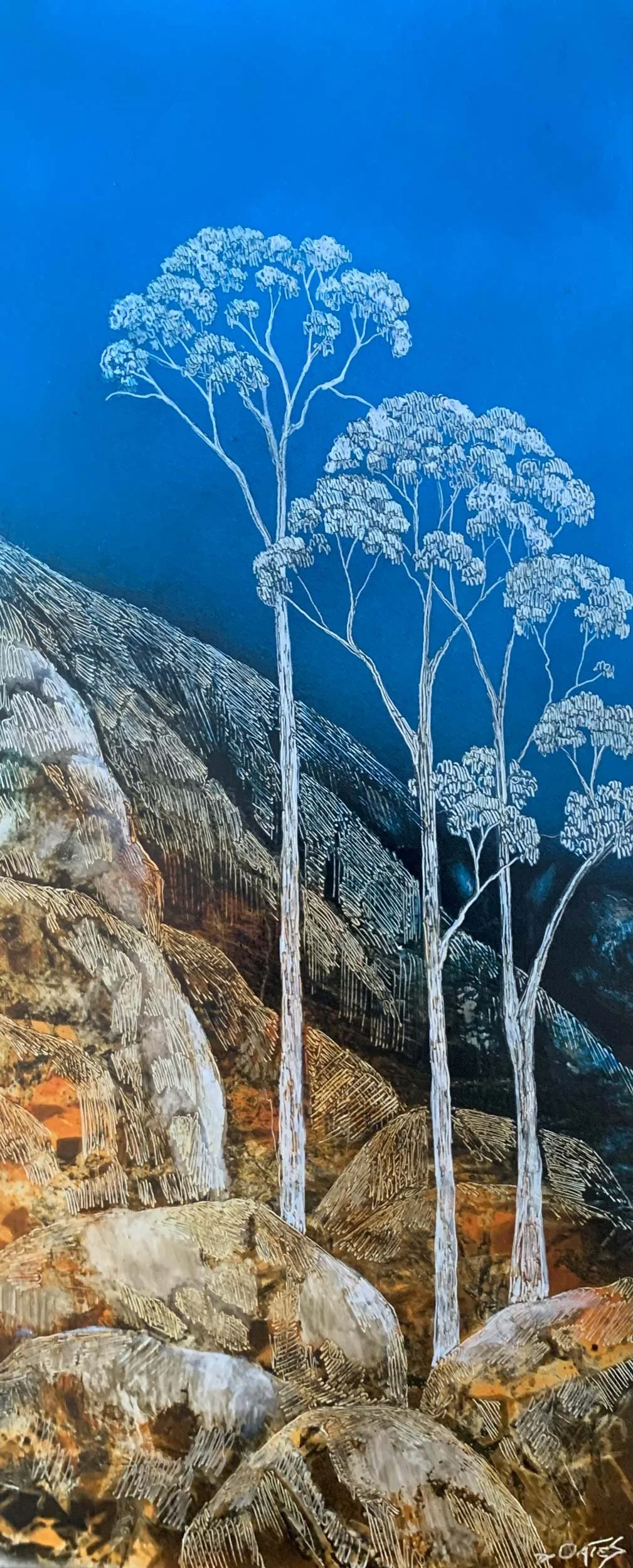 Sentinels of the Bush II 
acrylic, ink, and soldering iron on board 
54 x 24 cm