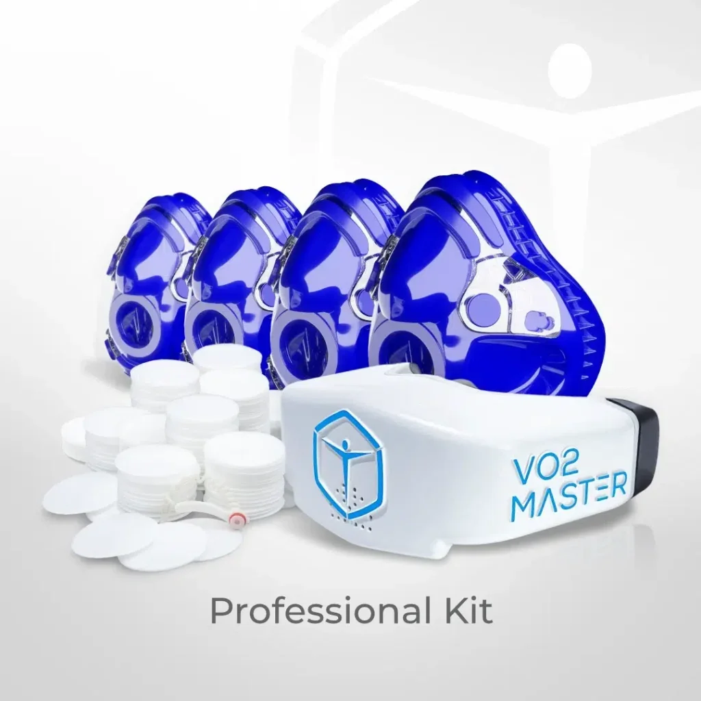 A professional oxygen concentrator kit featuring four blue oxygen masks, a white VO2 Master device, and multiple white nasal oxygen tubes and adapters.