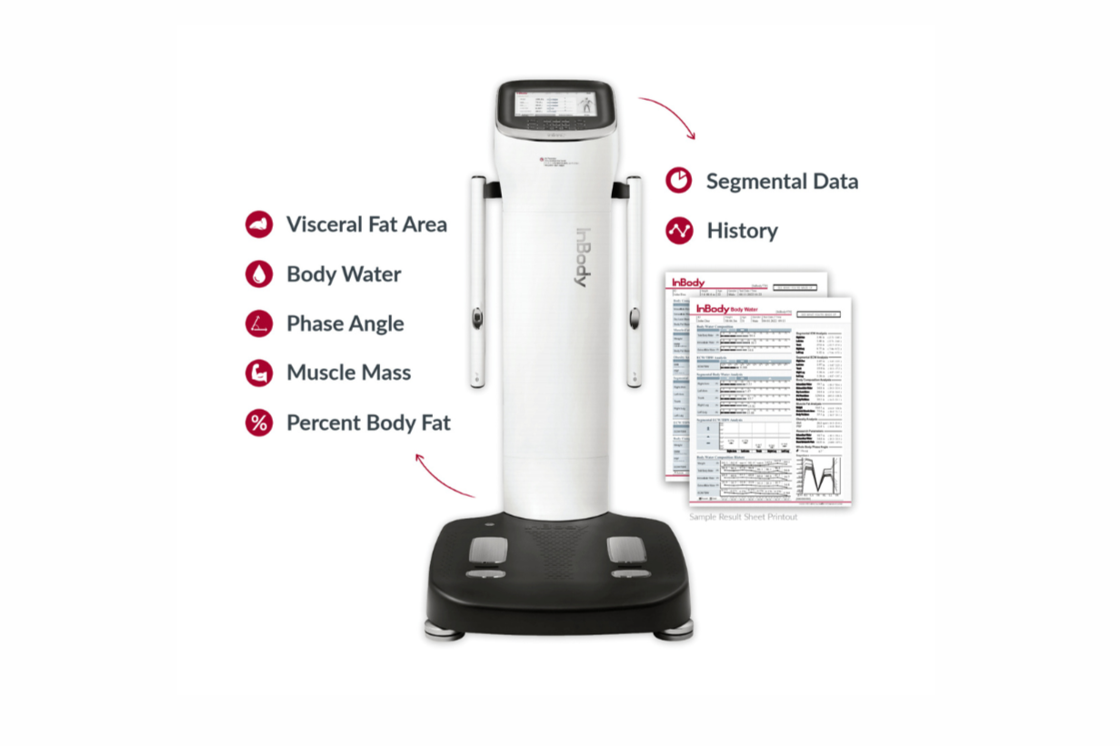 A medical device with a display screen at the top, a vertical body, and a platform base, labeled with features such as visceral fat area, body water, phase angle, muscle mass, percent body fat, segmental data, and history, and shown with sample reports on the side.