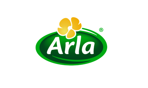 Arla logo with a yellow flower above the green oval containing the word 'Arla' in black text.