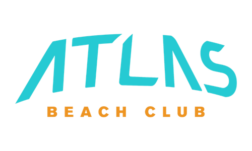 Logo for ATLAS Beach Club with the word 'ATLAS' in large blue stylized letters and 'BEACH CLUB' in smaller orange letters below.