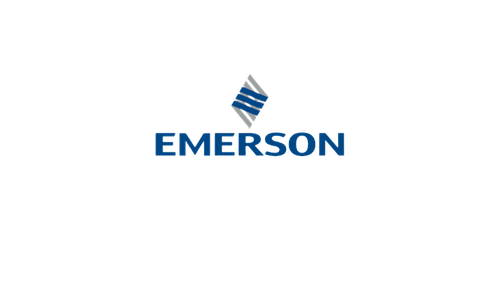 Emerson logo with stylized blue and silver icon above the company name in blue text.