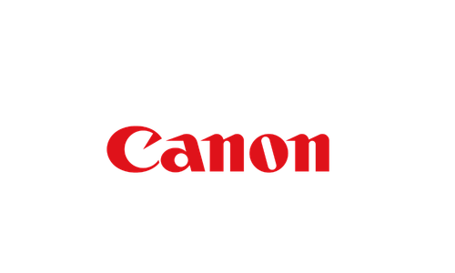 Canon logo in red text on a black background.