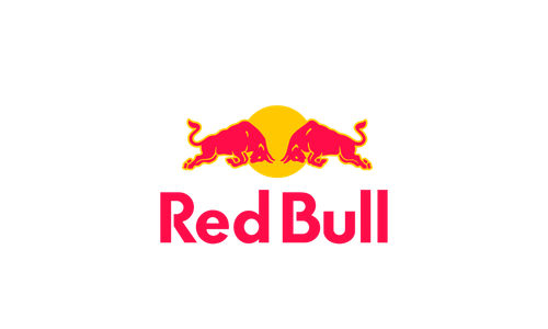 Red Bull logo featuring two red bulls charging at each other in front of a yellow sun, with the text "Red Bull" in pink below.